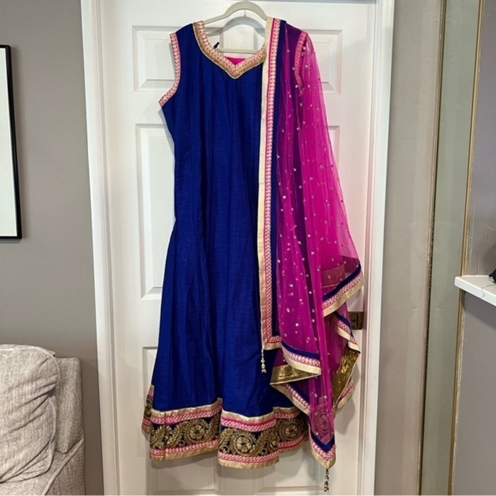 Elegant Dark Royal Blue and Fushia Pink Indian Dress tag size 48 #S17
